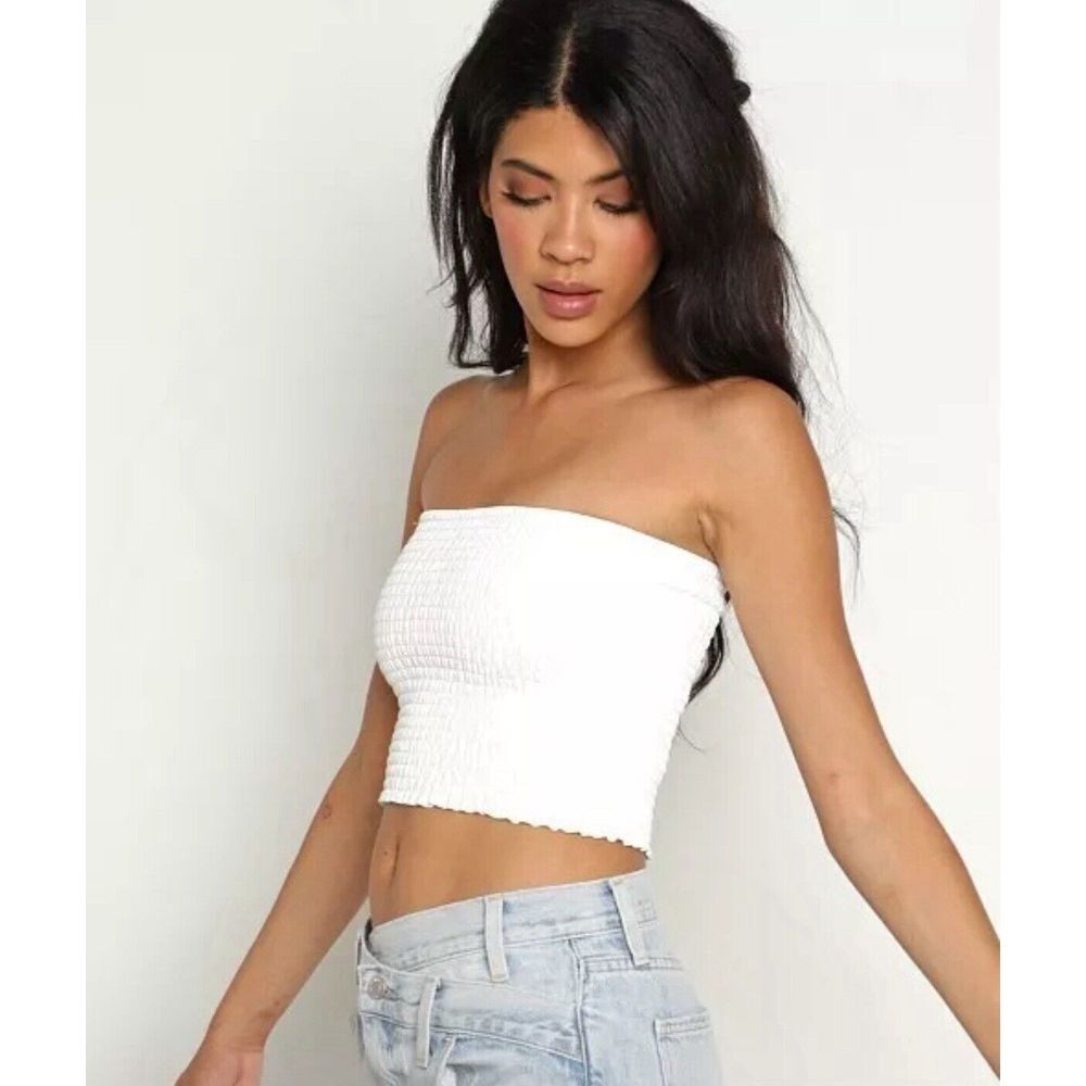 Commando FLT202 Faux Leather Smocked Tube Top White Womens M/L Stretch EUC